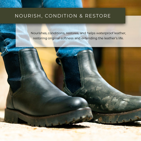 A before and after of a pair of black leather boots that have been nourished, conditioned, and restored with Renapur Leather Balsam.