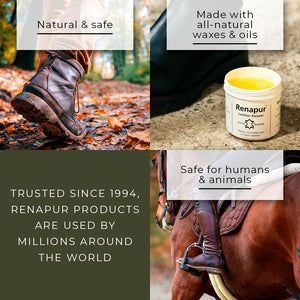 Renapur leather balm has natural and safe properties, made with all-natural waxes and oils and is safe for humans and animals. Used by millions of customers since 1994.