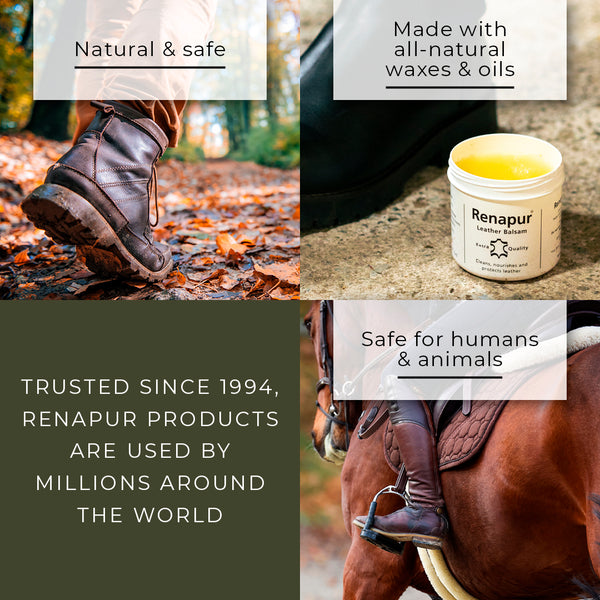 Renapur leather balm has natural and safe properties, made with all-natural waxes and oils and is safe for humans and animals. Used by millions of customers since 1994.
