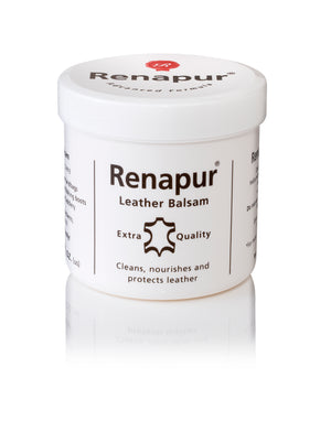 A white 200ml pot of Renapur Leather Balsam with a white lid, labelled for cleaning, nourishing, and protecting leather.