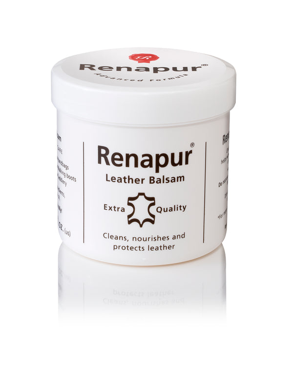 A white 200ml pot of Renapur Leather Balsam with a white lid, labelled for cleaning, nourishing, and protecting leather.