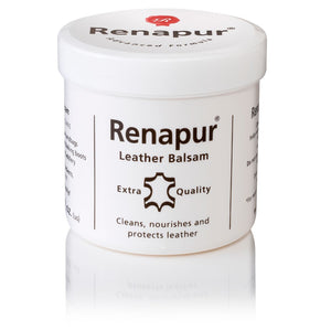 A white 200ml pot of Renapur Leather Balsam with a white lid, labelled for cleaning, nourishing, and protecting leather.