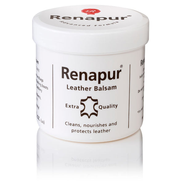 A white 200ml pot of Renapur Leather Balsam with a white lid, labelled for cleaning, nourishing, and protecting leather.