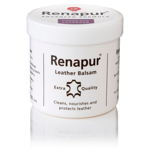 A white 200ml pot of Renapur Leather Balsam, made with a gentle lavender fragrance. The Pot has a white lid, labelled for cleaning, nourishing, and protecting leather.