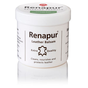 A white 200ml pot of Renapur Leather Balsam, made with a warm sweet sandalwood fragrance. The Pot has a white lid, labelled for cleaning, nourishing, and protecting leather.