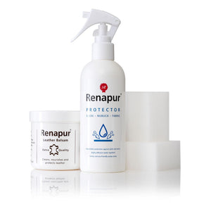 Renapur Leather and Suede Protector Kit including Leather Balsam, Suede & Fabric Protector, and application sponges.