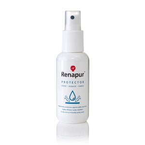 Renapur Suede & Fabric Protector 100ml spray bottle showing eco-friendly water and stain repellent formula.