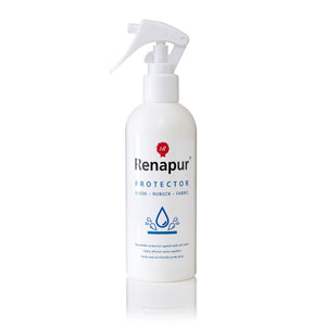 Renapur Suede & Fabric Protector 250ml spray bottle showing eco-friendly water and stain repellent formula.
