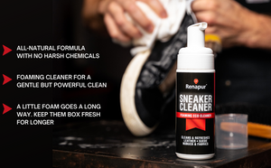 Renapur Sneaker Cleaner foaming cleaner with all natural formula and no harsh chemicals for a gentle but powerful clean.