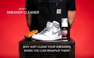 Renapur Sneaker Cleaner and gleaming white Nike trainer that is looking clean and fresh