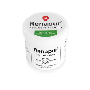 A white 200ml pot of Renapur Leather Balsam, made with a warm sweet sandalwood fragrance. The Pot has a white lid, labelled for cleaning, nourishing, and protecting leather.
