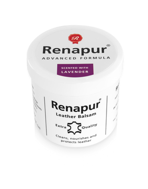 A white 200ml pot of Renapur Leather Balsam, made with a gentle lavender fragrance. The Pot has a white lid, labelled for cleaning, nourishing, and protecting leather.