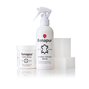 Renapur Spray Clean & Condition Kit with Leather Balsam, Cleaner Spray, and application sponges for complete leather care.