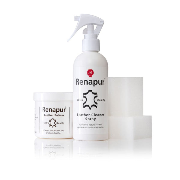 Renapur Spray Clean & Condition Kit with Leather Balsam, Cleaner Spray, and application sponges for complete leather care.