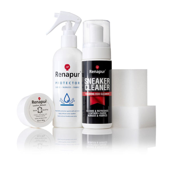 Renapur Trainer and Sneaker Kit including Leather Balsam, Suede & Fabric Protector, Sneaker Cleaner, and sponges for complete footwear care.