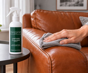 A white spray bottle of Renapur Leather Cleaner Spray sits on a small side table next to a brown leather sofa, while a hand wipes the sofa arm with a gray microfiber cloth.