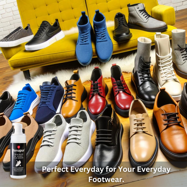 Collection of various shoes, in all colours, leathers, suedes and fabrics displayed on a wooden floor with a yellow couch in the background. Renapur Trainer & Shoe Cleaner is perfect for your everyday footwear.