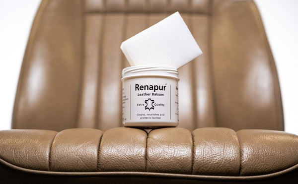 Applying Renapur Leather Balsam with an Application Sponge for even coverage and nourishment.