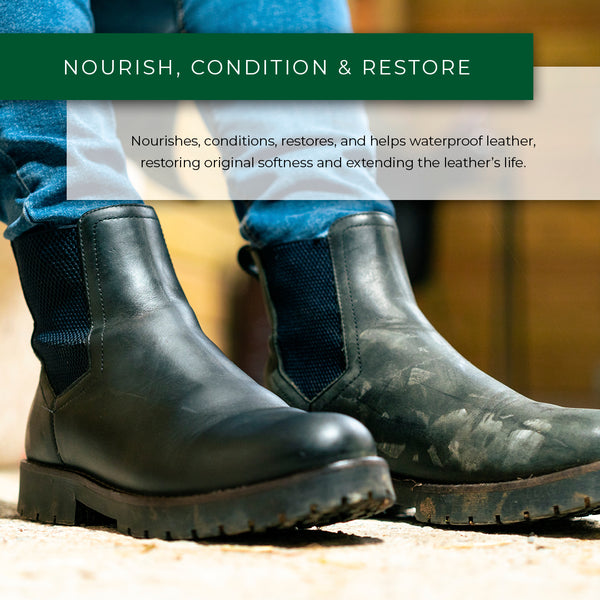 A before and after of a pair of black leather boots that have been nourished, conditioned, and restored with Renapur Leather Balsam.