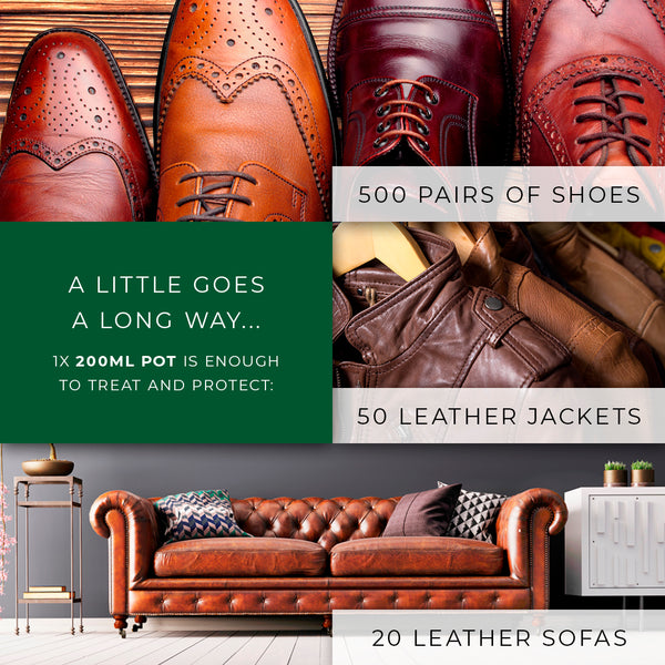 Renapur Leather Balsam is very economical and will condition and protect, 500 pairs of shoes, 50 leather jackets, 20 leather sofas.