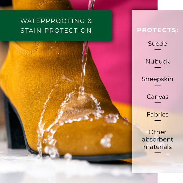 Applying Renapur Suede & Fabric Protector to suede boots to create a water-repellent barrier without changing colour or texture. Also protects nubuck, sheepskin, canvas, fabrics and other absorbent materials.