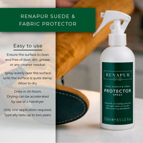 Renapur Suede and Fabric is easy to use. Apply to clean surfaces, that are free of dust, dirt, grease or any cleaner residue. Spray evenly over the surface until the surface is quite damp. Allow to dry over 24 hours.