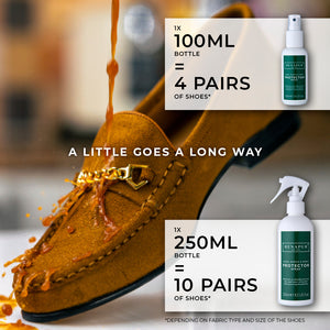 A little Renapur Suede and Fabric Protector goes a long way. 1 x 100ml bottle will prevent stains on 4 pairs of shoes. 1 x 250ml bottle will protect 10 pairs of shoes from rain and mud.