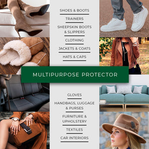 Renapur Suede and Fabric Protector is multipurpose and can create a water-repellent barrier on shoes & boots, trainers, sheepskin boots and slipper, clothing, jackets and coats and hats and caps. Can also be used on gloves, handbags, luggage and purses, furniture and upholstery, textiles and car interiors.