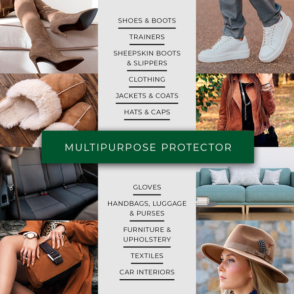Renapur Suede and Fabric Protector is multipurpose and can create a water-repellent barrier on shoes & boots, trainers, sheepskin boots and slipper, clothing, jackets and coats and hats and caps. Can also be used on gloves, handbags, luggage and purses, furniture and upholstery, textiles and car interiors.