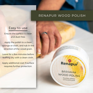 Renapur Wood Polish is easy to use. Ensure surface is clean & dust free, apply the polish to a clean sponge or cloth and run in the direction of wood grain. Leave for a few minutes before buffing with a clean dry cloth. An additional coat can be applied if surfaces requires further protection.