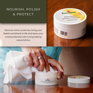 Applying Renapur Beeswax Wood Polish to wooden table to restore natural shine and prevent drying.