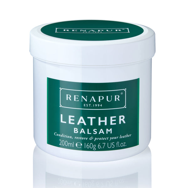 A white 200ml pot of Renapur Leather Balsam with a white lid, labelled in green for cleaning, nourishing, and protecting leather.