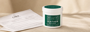 Renapur Leather Balsam beside the BLC technical report testing its protective properties on leather