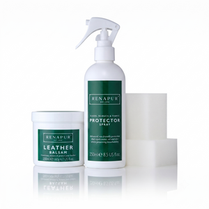 Renapur Leather and Suede Protector Kit including Leather Balsam, Suede & Fabric Protector, and application sponges.