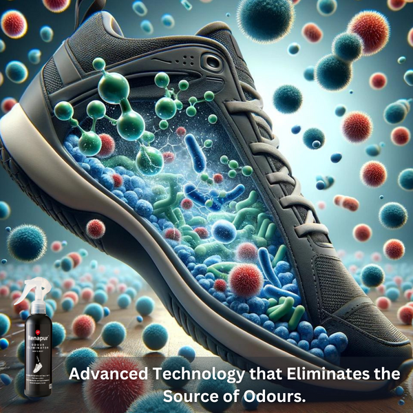 Using Renapur Odour Eliminator inside shoes to neutralise odours and refresh footwear.