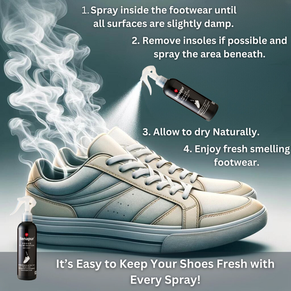 How to use Renapur Odour Eliminator, spray inside the footwear until all surfaces are slightly damp. Remove insoles if possible and spray the area beneath. Allow to dry naturally.