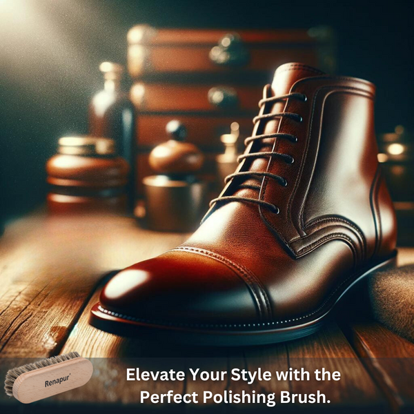 Brushing leather boots with the Renapur Cleaning Brush to remove dirt and create a polished finish.