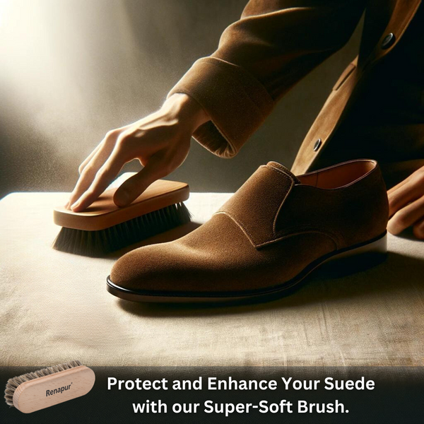 Gentle application and brushing of Suede & Fabric Protector Spray into suede boots to protect nap