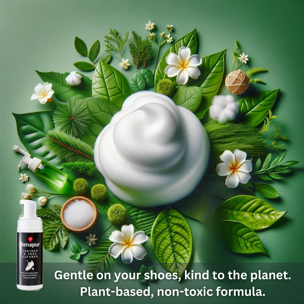 Renapur Trainer and Shoe Cleaner highlighting natural plant-based ingredients, which are non-toxic, kind to the planet and gentle on your shoes.