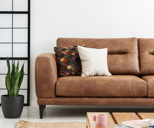 A brown leather sofa in a modern living room setting, styled with two decorative throw pillows and a potted snake plant on the left.