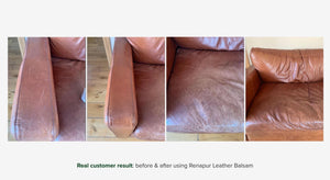 Worn brown leather chair before and after conditioning with Renapur Leather Balsam