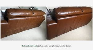 Brown leather sofa before and after conditioning with Renapur Leather Balsam