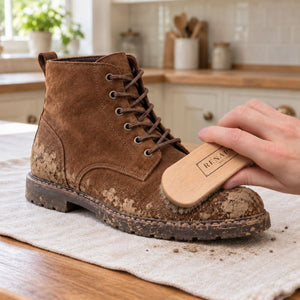 Brushing dried dirt from a brown suede boot with a Renapur Horsehair Brush.