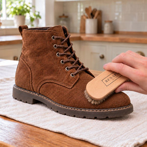 Gently brushing a clean, dry brown suede boot with a Renapur Horsehair Brush to lift the nap.
