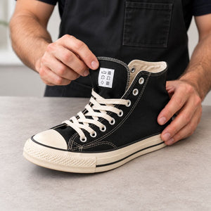 Checking the material label inside a black canvas trainer before applying protector.