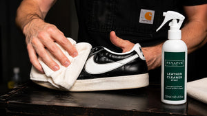Cleaning leather footwear with Renapur Leather Cleaner Spray before conditioning