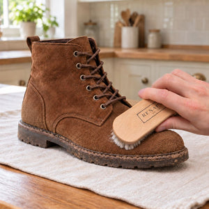 Gently cleaning a brown suede boot with a small amount of foam on a Renapur Horsehair Brush.