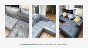 Grey leather sectional sofa before and after conditioning with Renapur Leather Balsam