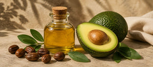 Jojoba oil and avocado shown as ingredients used to help condition leather