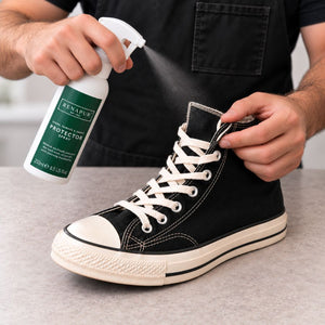 Applying Renapur Suede & Fabric Protector to a discreet area of a black canvas trainer’s tongue.